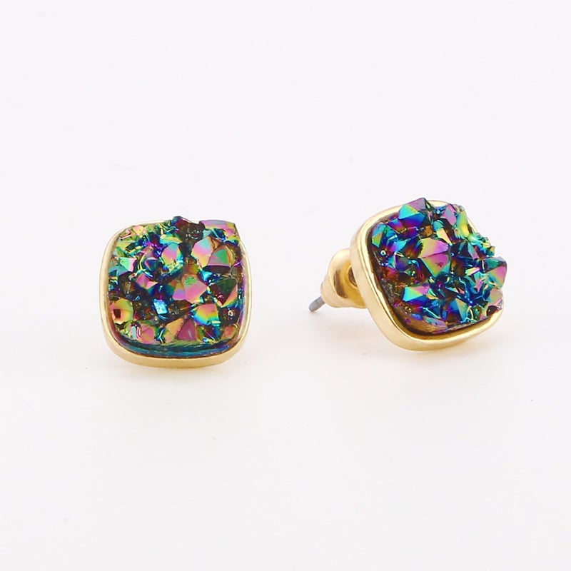 BaubleStar Druzy Stud Earrings Delicate Square Resin Mineral Rock Stone Ear Studs Jewelry for Women - Image 4